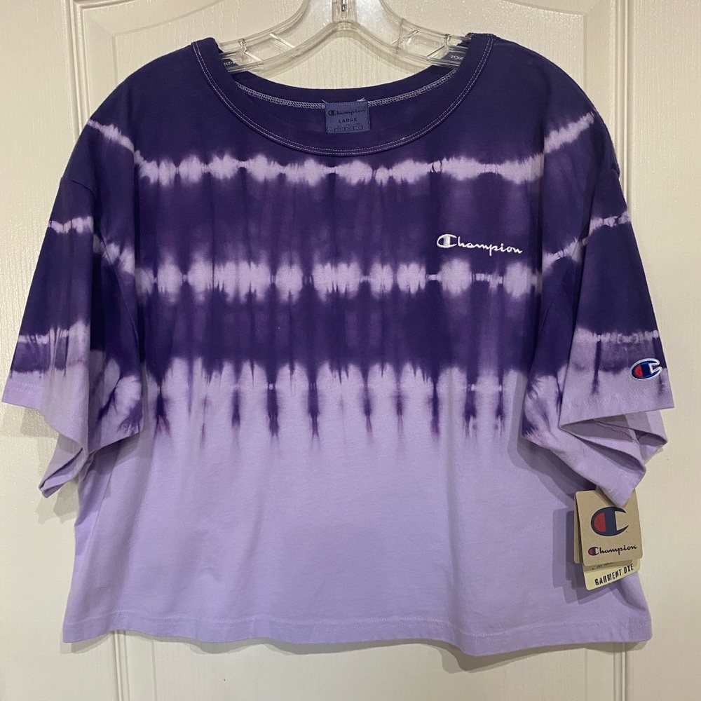 Champion Cropped Tie Dye Tee size L •Purple/Lavender• NWT